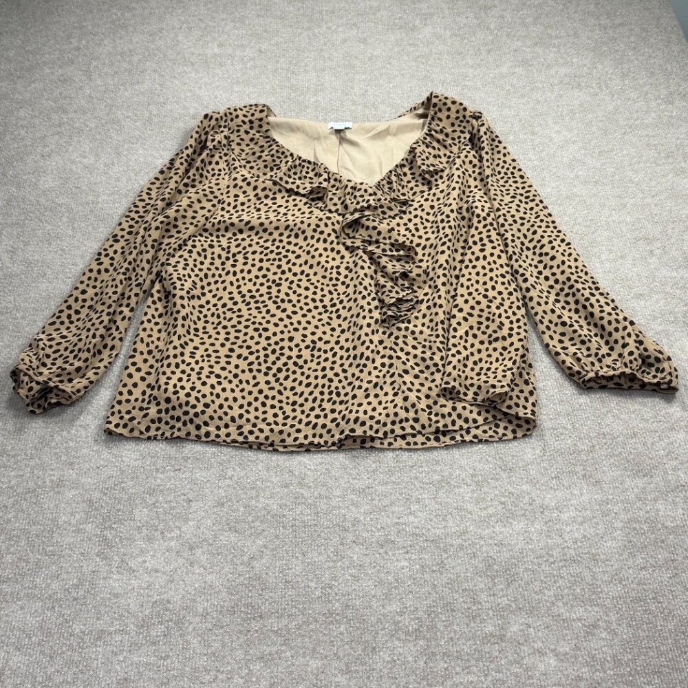 J. Crew Leopard Print Ruffle V-Neck Blouse Tan Black XL - Picture 2 of 6
